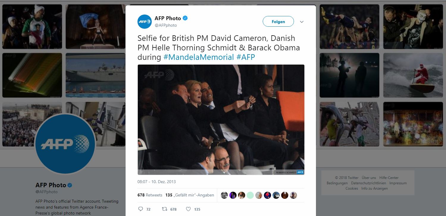 Selfie for British PM David Cameron, Danish PM Helle Thorning Schmidt & Barack Obama during #MandelaMemorial #AFP 