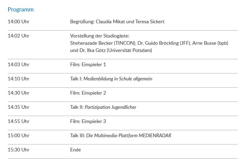 Programmablauf Release Vorstellung Multimedia-Plattform MEDIENRADAR bei ALEX Berlin am 06.11.2020 ab 14 Uhr